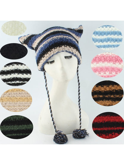 Haila - Striped Cat Ear Shape Knit Beanie