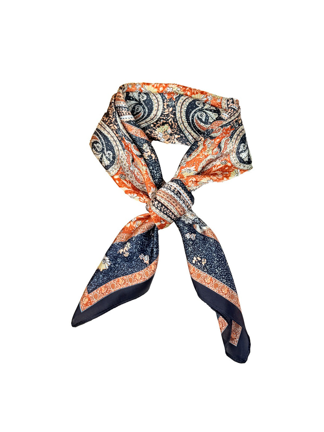 Model wearing Scarvii Ornate Scroll Square Scarf styled around the neck with elegant drape
