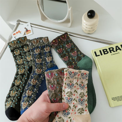 Rufia Embossed Vintage Floral Mid-Calf Socks with floral motif and knit texture