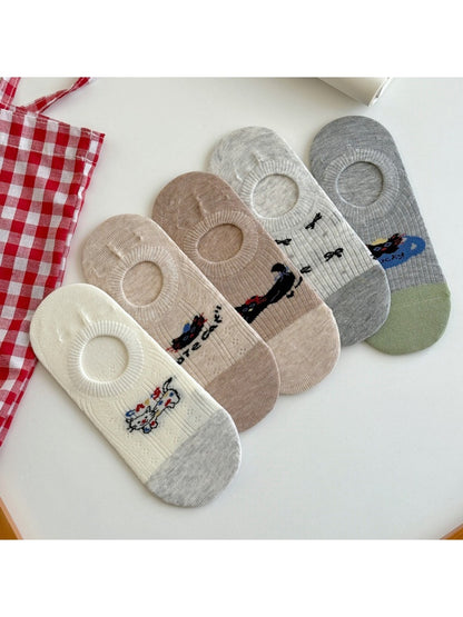 Rufia - Playful Cat Motif Color Block No-Show Socks