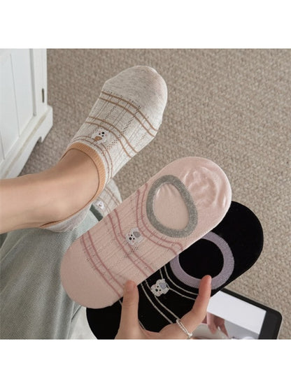 Rufia - Cute Dog Embroidered Stripe No Show Socks