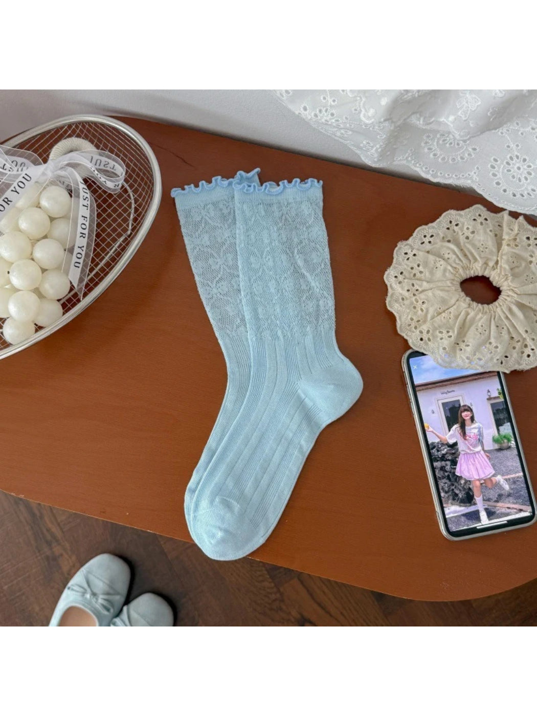 Rufia - Floral Sheer Ruffle-Cuff Crew Socks