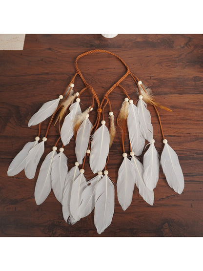 Close-up of Hairish Boho multi drop feather hair headpiece showing feather details