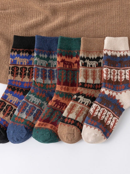 Rufia - Vintage Animal Print Mid-Calf Winter Socks - 5 Pairs/Pack