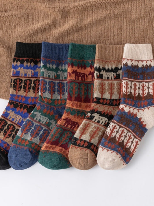Rufia - Vintage Animal Print Mid-Calf Winter Socks - 5 Pairs/Pack