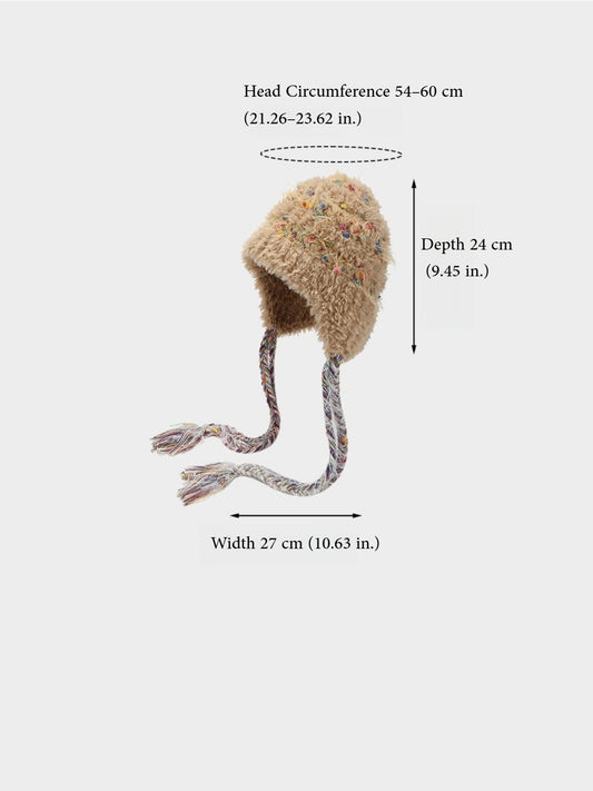 Haila – Plush Knitted Beanie with Colorful Dots & Earflap & Ties