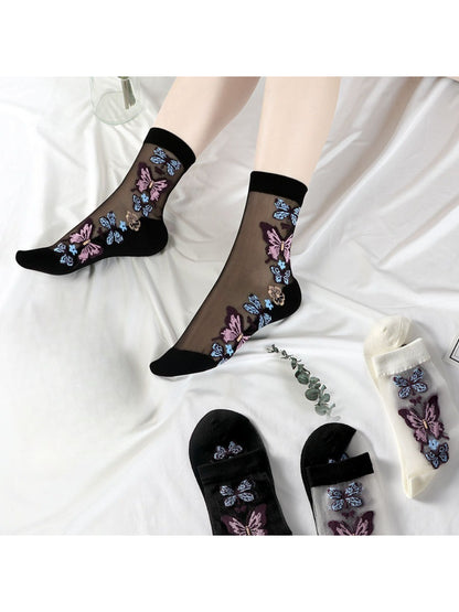 Rufia - Sheer Butterfly Embroidery Crew Socks