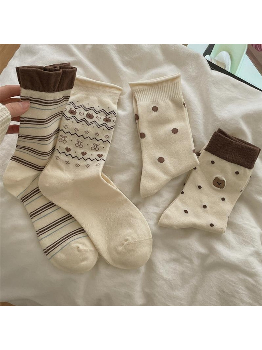 Rufia - Brown Cute Bear Pattern Crew Socks