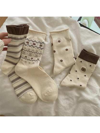 Rufia - Brown Cute Bear Pattern Crew Socks