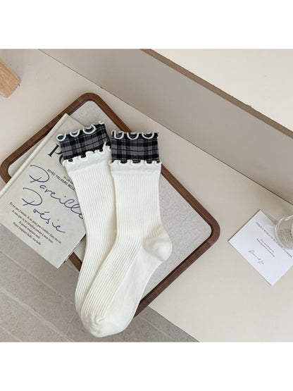 Rufia - Ruffled Edge Plaid Mid-Calf Winter Socks