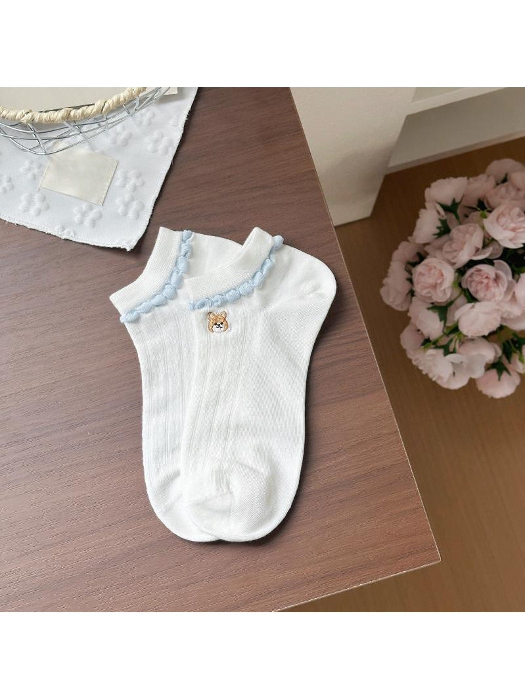 Rufia - Cartoon Dog Embroidered Striped Ankle Socks