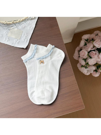 Rufia - Cartoon Dog Embroidered Striped Ankle Socks