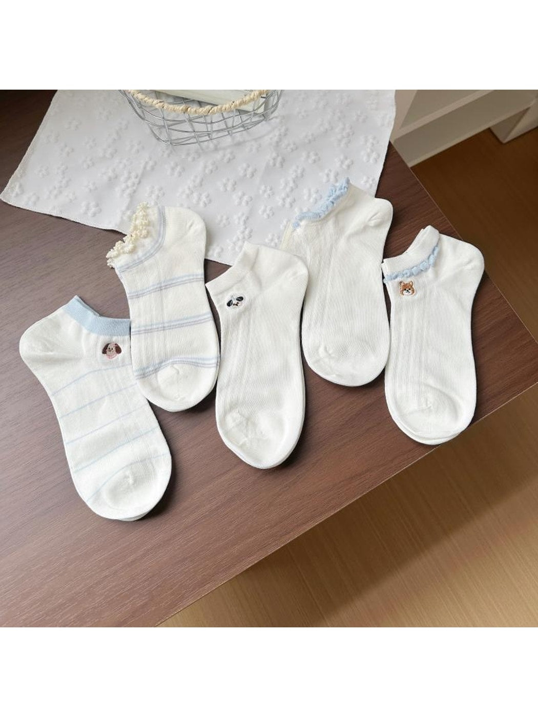Rufia - Cartoon Dog Embroidered Striped Ankle Socks