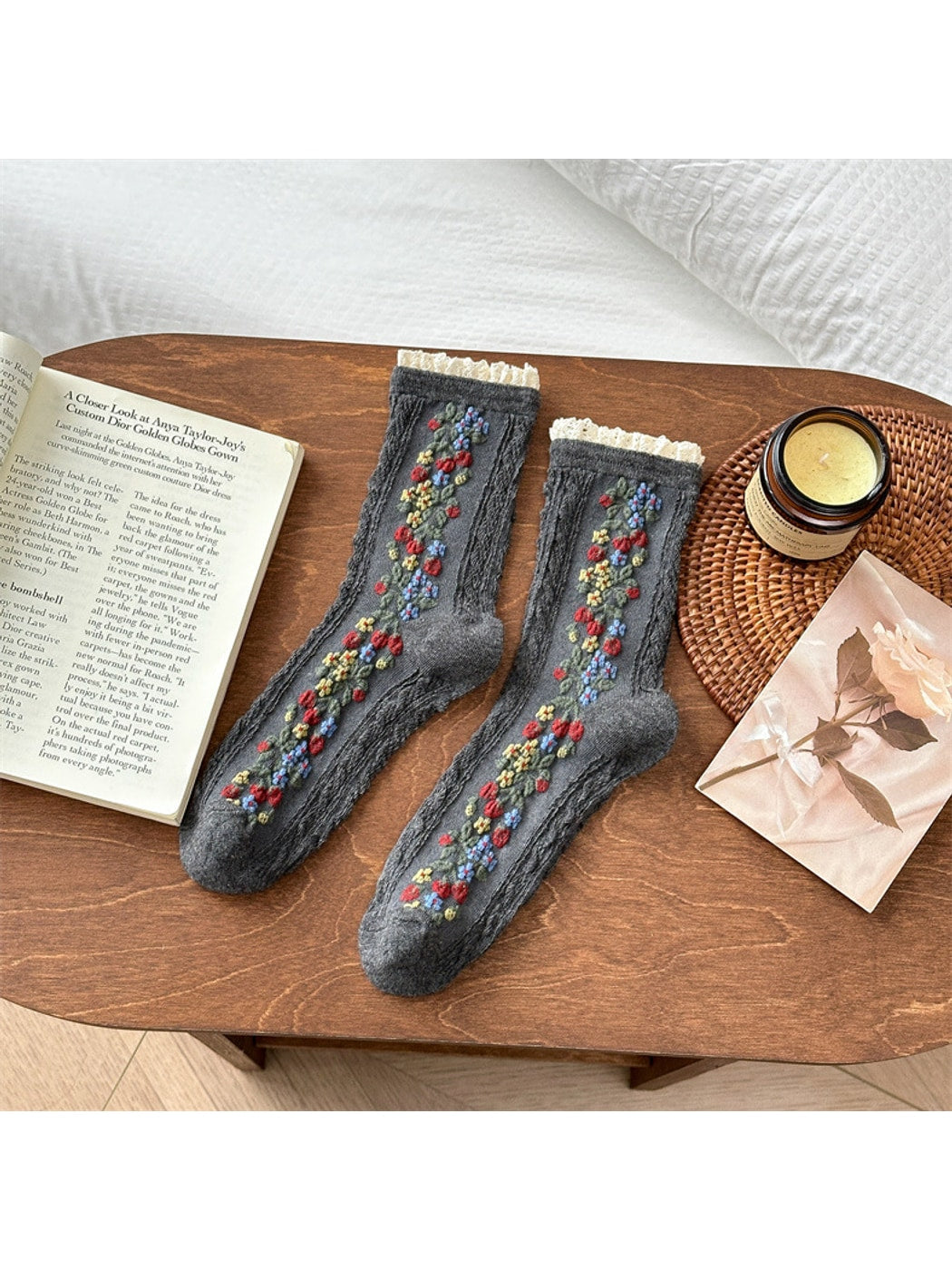 Rufia - Lace Trim Colorful Floral Crew Socks