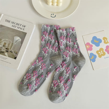 Rufia - Embossed Floral Colorblock Mid-Calf Socks