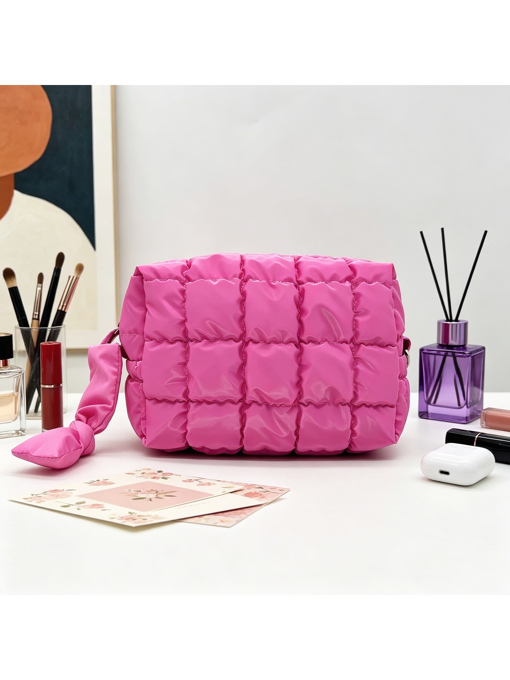 Cosbai - Quilted Grid Soft Cosmetic Organizer Bag