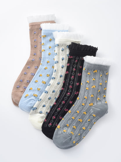 Rufia - Lace Ruffle Floral Knit Crew Socks