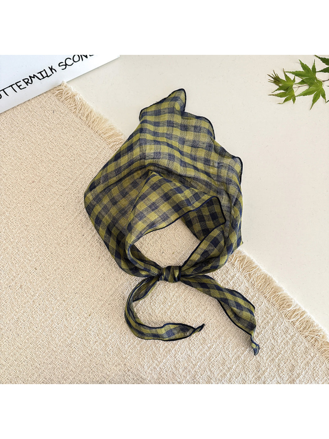 Classic check tie head scarf displayed flat showing full pattern