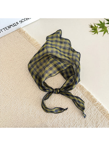 Classic check tie head scarf displayed flat showing full pattern