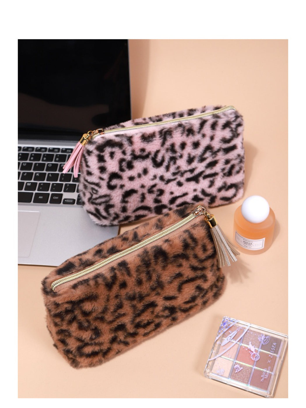 Cosbai leopard print faux fur makeup pouch displayed standing upright
