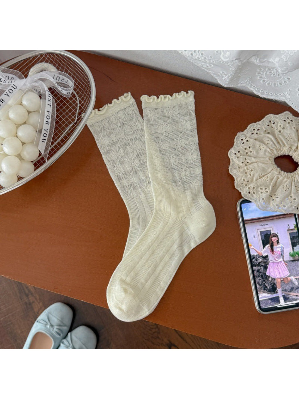 Rufia - Floral Sheer Ruffle-Cuff Crew Socks