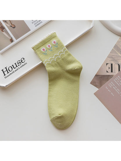 Rufia - Floral Ruffle Cuff Casual Crew Socks