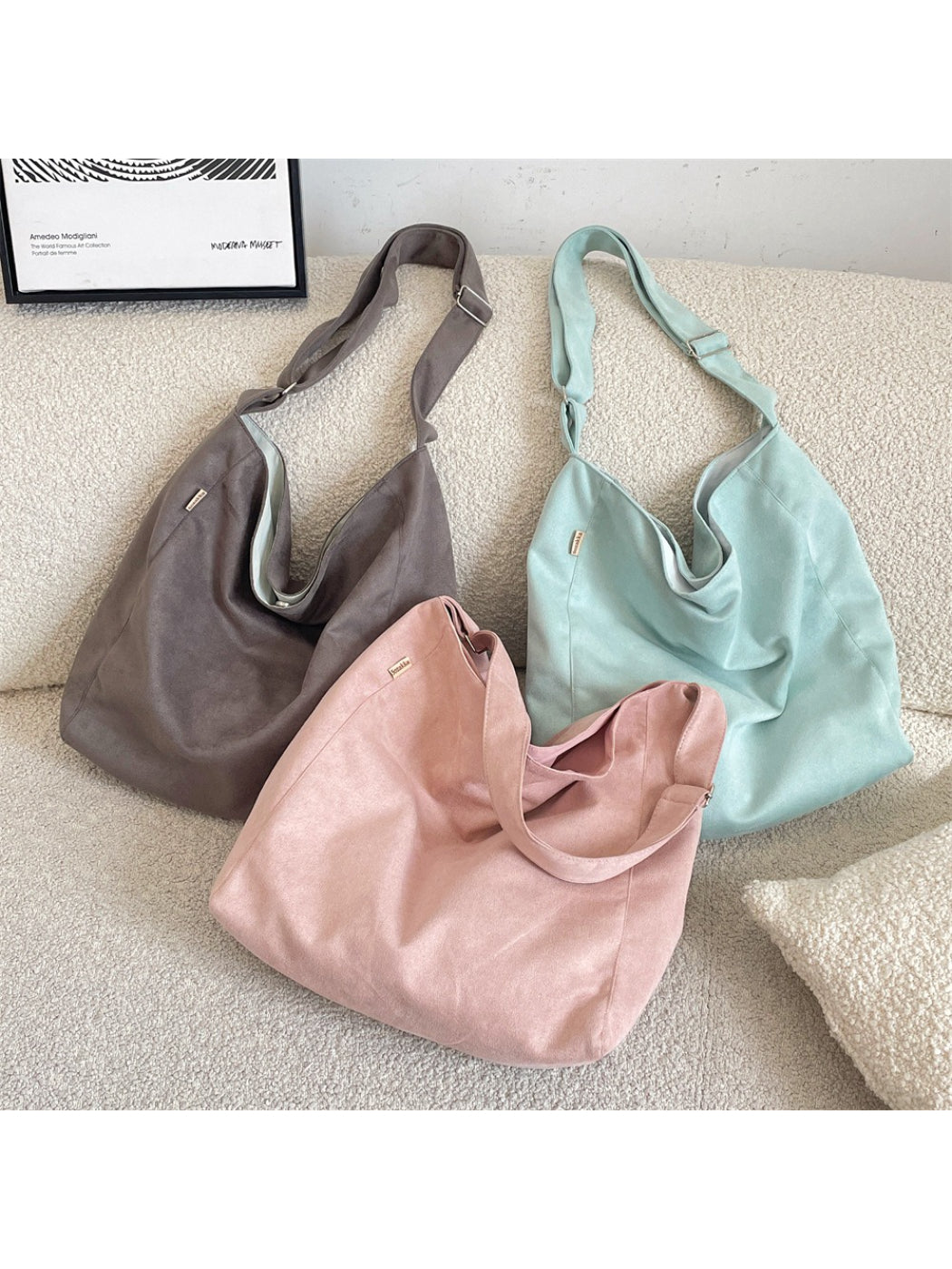 Cosbai soft slouchy minimal shoulder tote bag in beige, front view with handles
