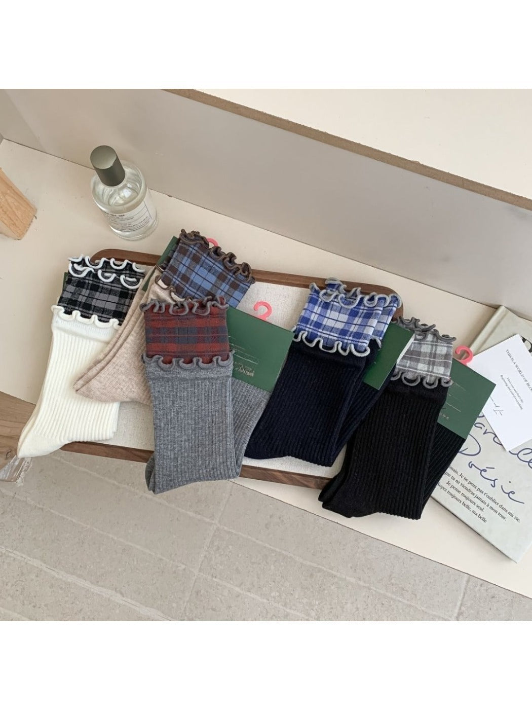 Rufia - Ruffled Edge Plaid Mid-Calf Winter Socks