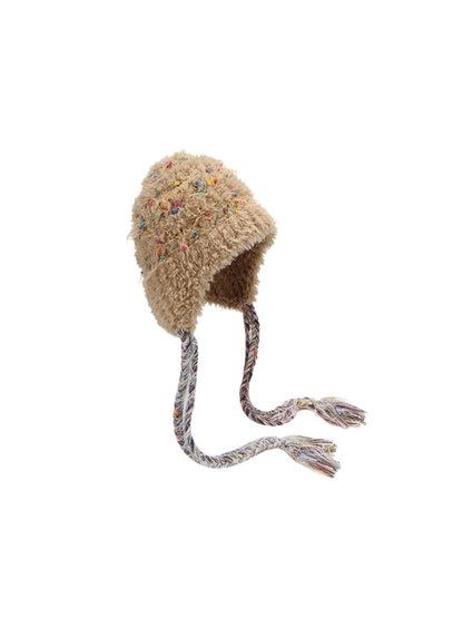Haila – Plush Knitted Beanie with Colorful Dots & Earflap & Ties
