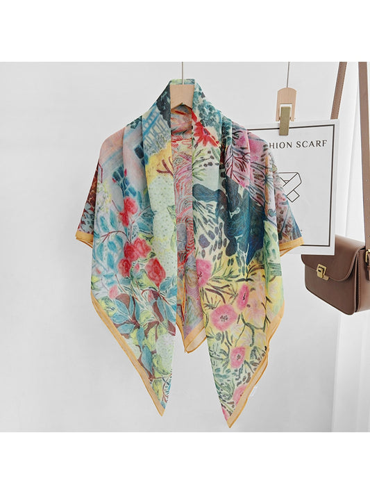 Scarvii - Yellow Border Floral Print Square Scarf