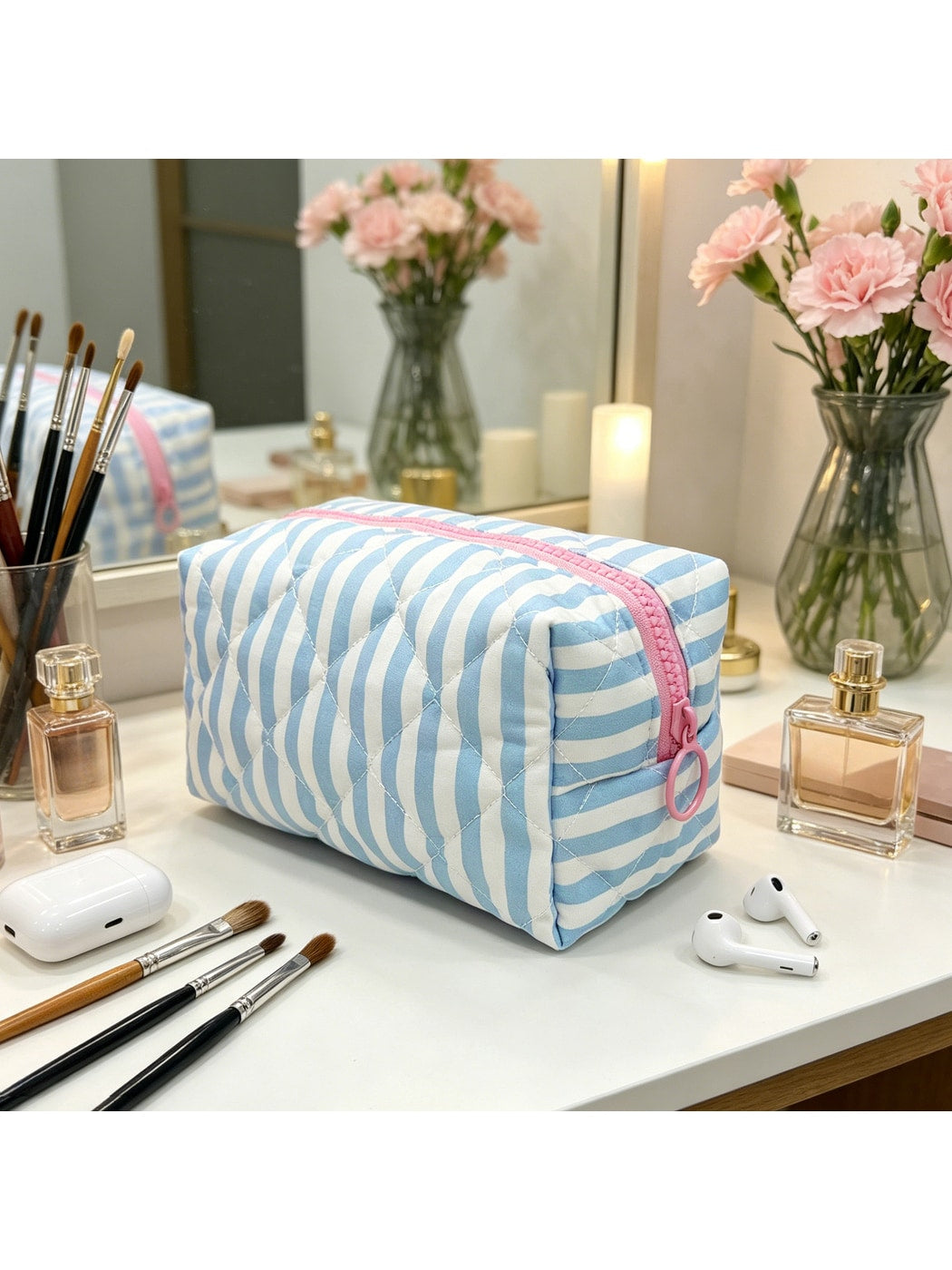 Cosbai - Colorblock Striped Quilting Cosmetic Organizer Bag