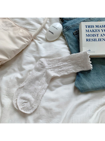 Rufia - Mesh Lace Ruffle Cuff Crew Socks