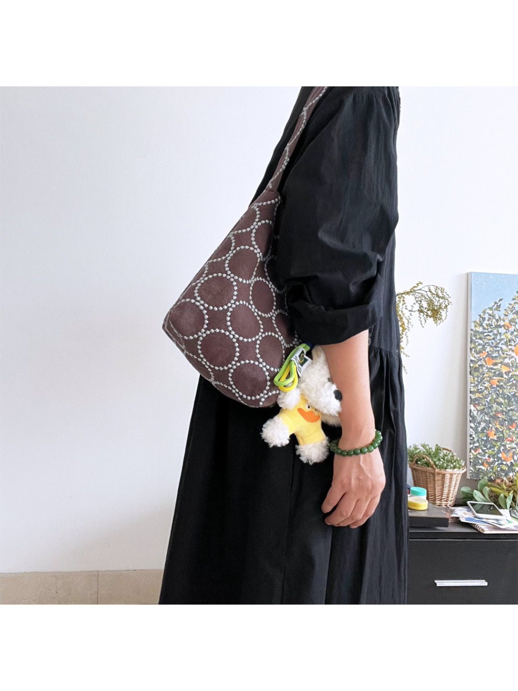 Cosbai soft textured slouch tote bag in beige on white background
