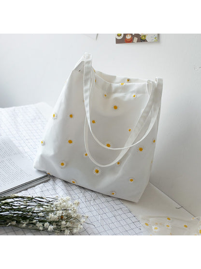 Cosbai - Daisy Embroidery Soft Shoulder Tote Bag
