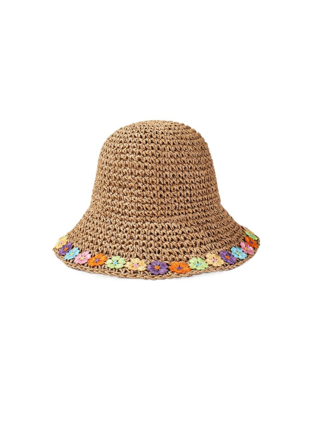 Side view of Haila sun hat with rainbow daisy edge and rounded crown
