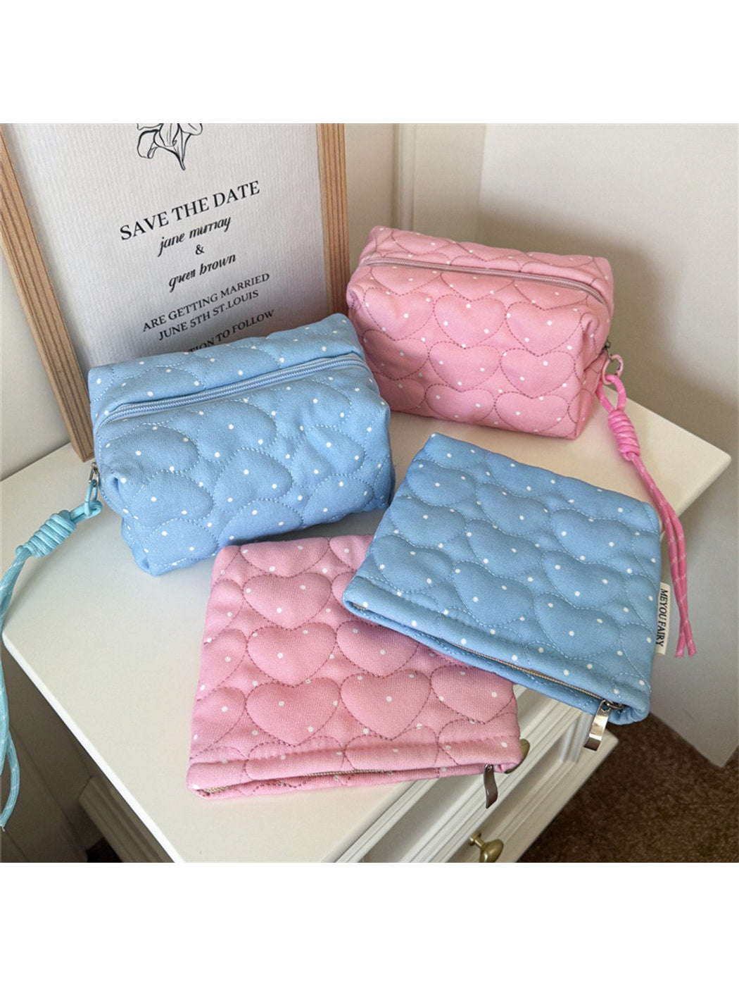 Cosbai - Polka Dots Print Heart Quilted Cosmetic Bag
