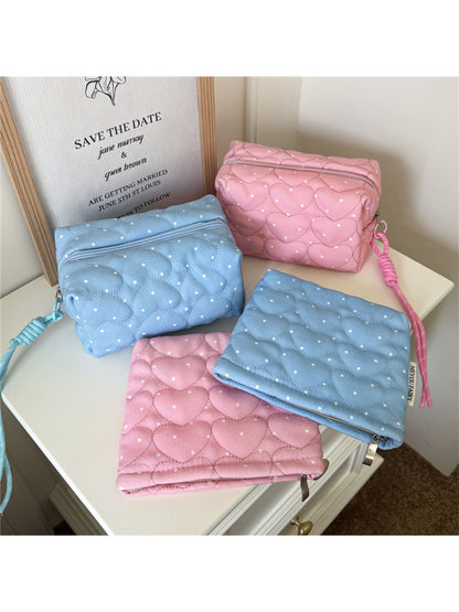 Cosbai - Polka Dots Print Heart Quilted Cosmetic Bag