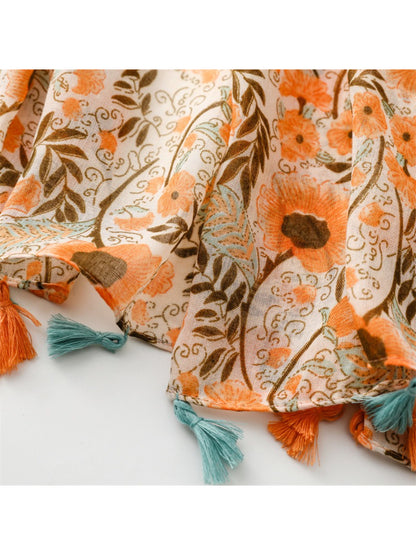 Scarvii - Boho Floral Print Tassel Scarf