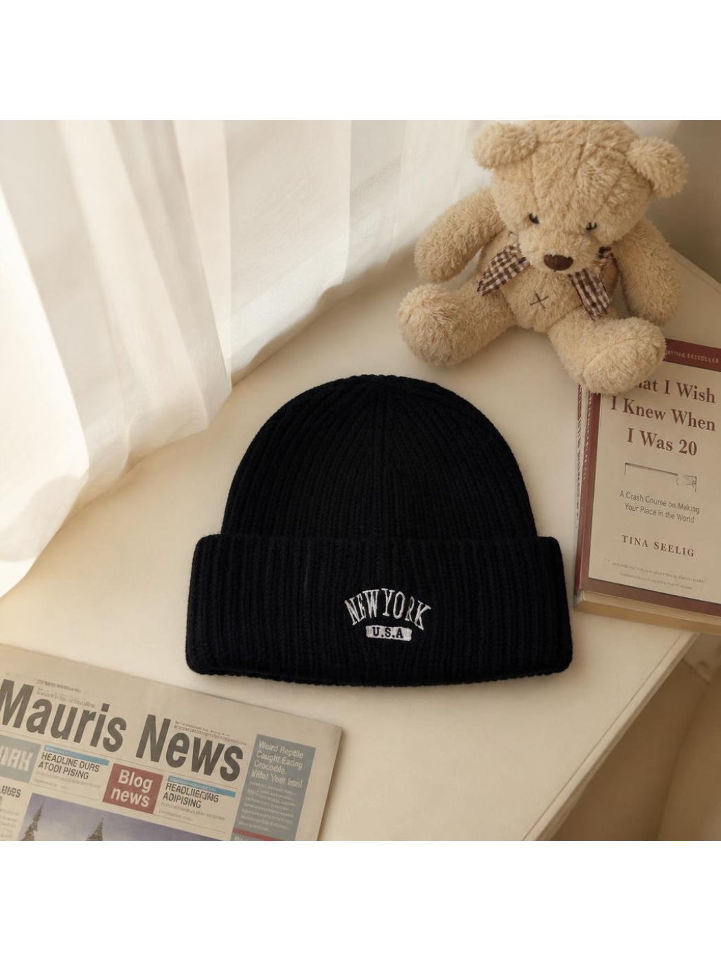 Haila New York Embroidered Ribbed Beanie