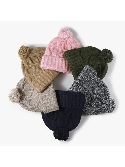 Haila - Pom Pom Cable Knit Folded Cuff Beanie