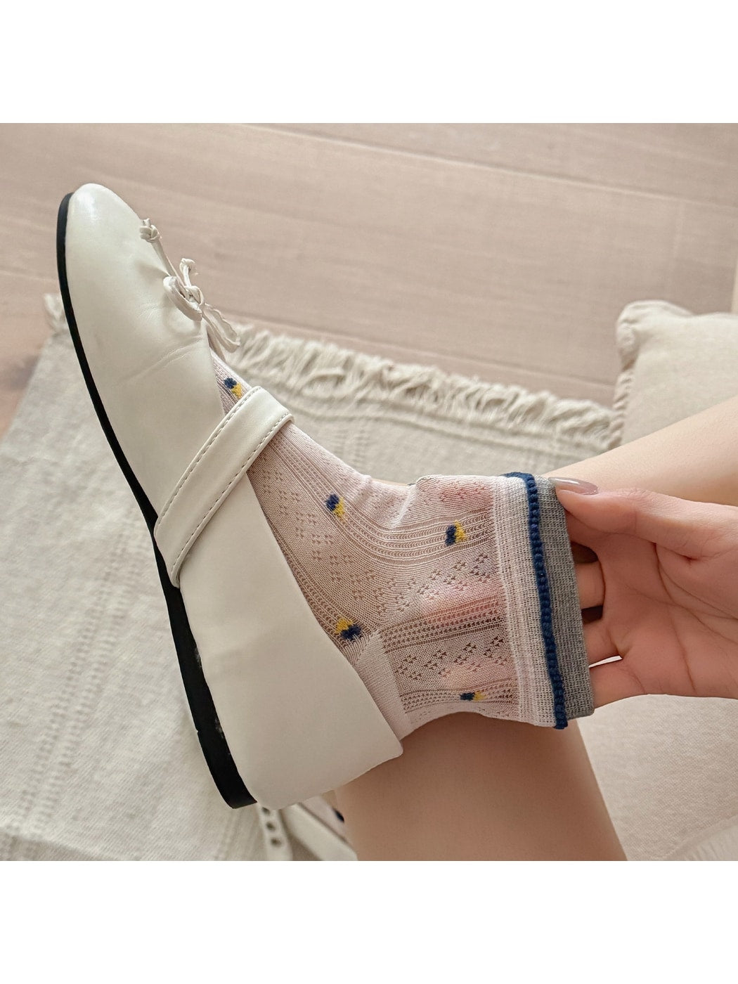 Rufia - Floral Colorblock Cuff Openwork Ankle Socks