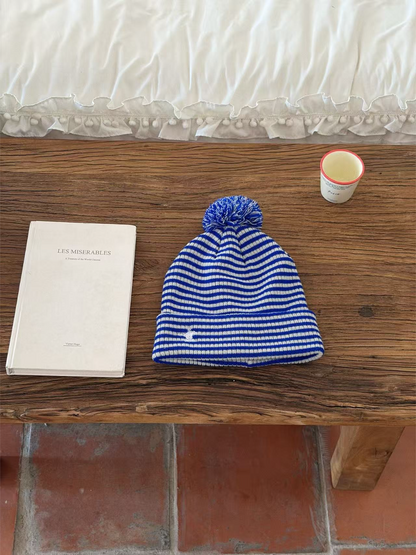 Haila - Striped Ribbed Pom Pom Beanie
