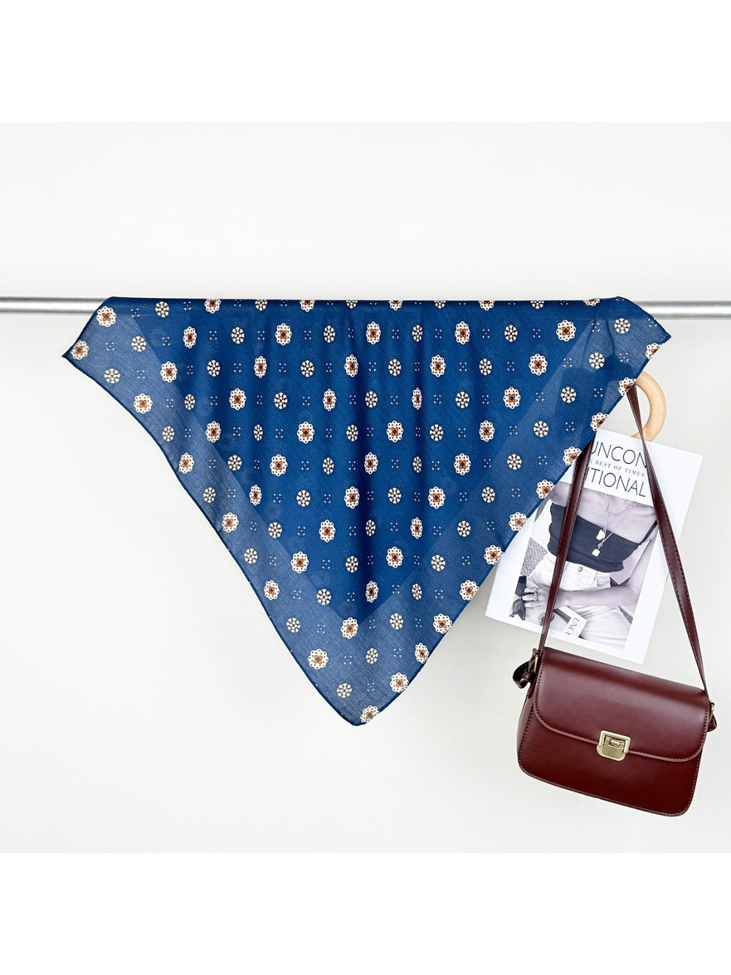 Scarvii Mini Motif Bandana Square Scarf worn as a headband with visible motif details