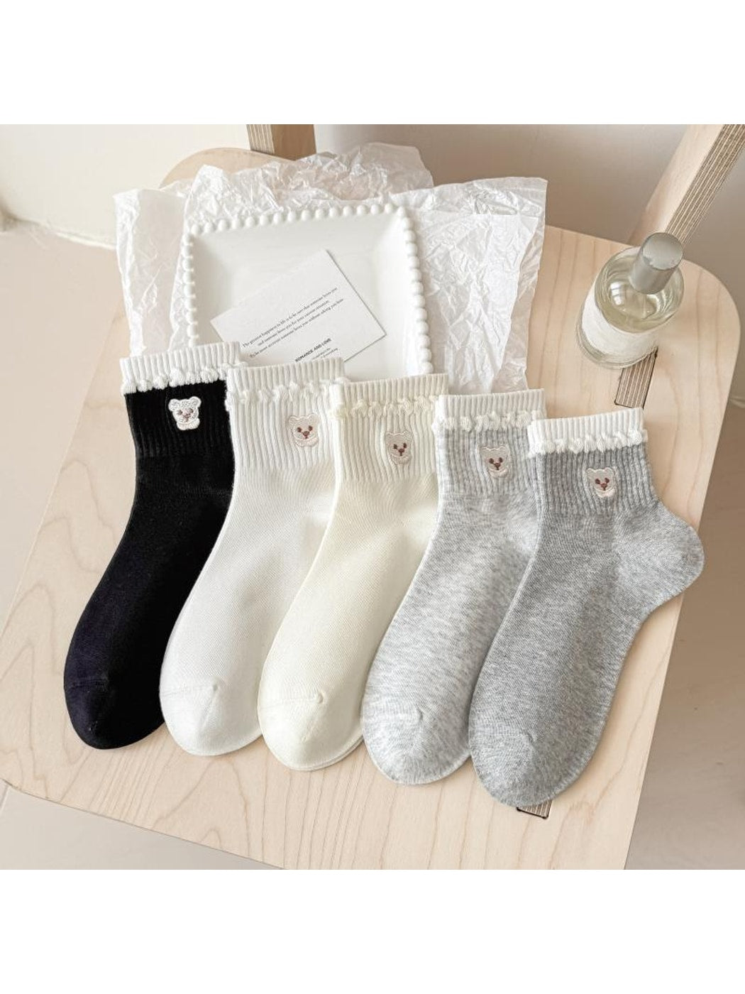 Rufia - Bear Embroidery Ribbed Ankle Socks
