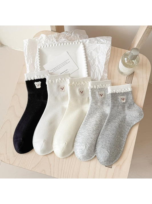 Rufia - Bear Embroidery Ribbed Ankle Socks