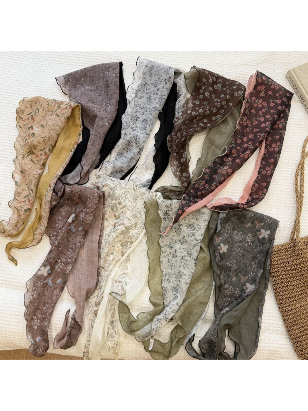 Scarvii boho floral triangle bandana scarf laid flat showing colorful flower pattern