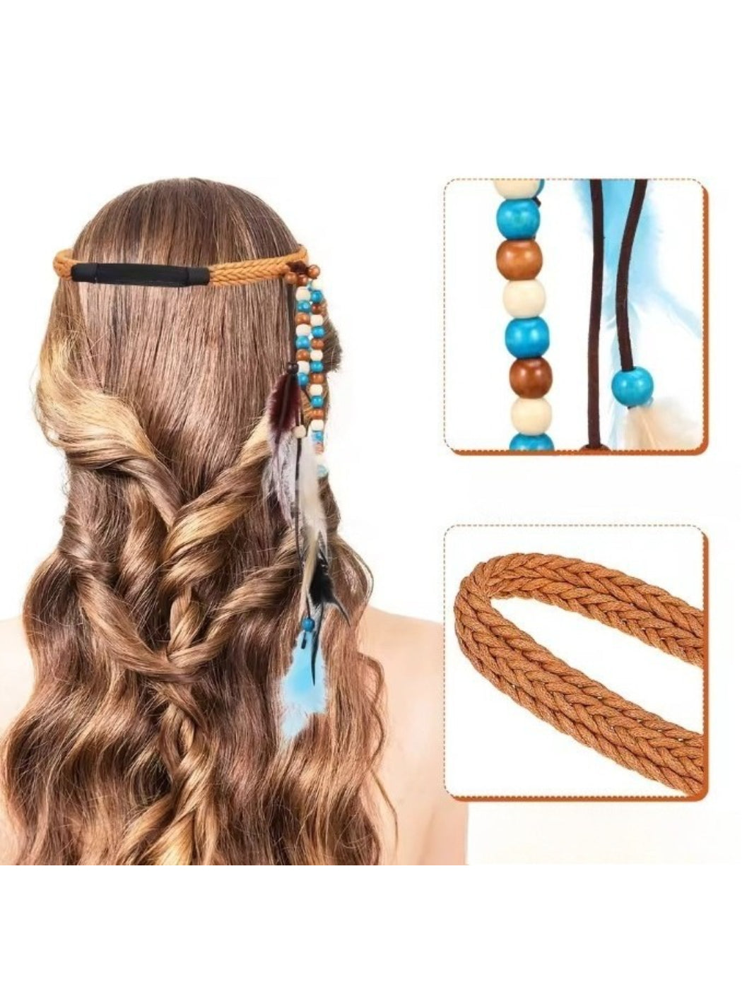 Close-up of Hairish boho beaded feather headband showing detailed beadwork and feather accents