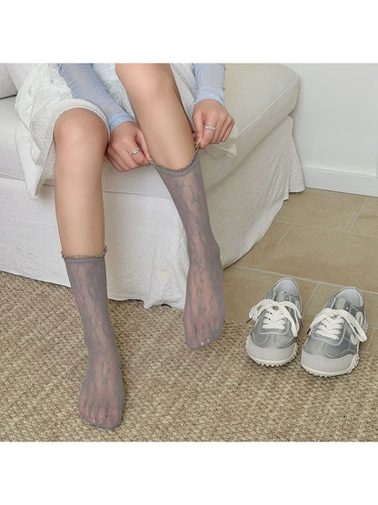 Rufia - Floral Hollow Out Lace Trim Crew Socks