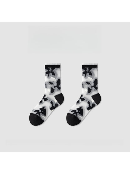 Rufia - Black and White Tones Floral Pattern Crew Socks
