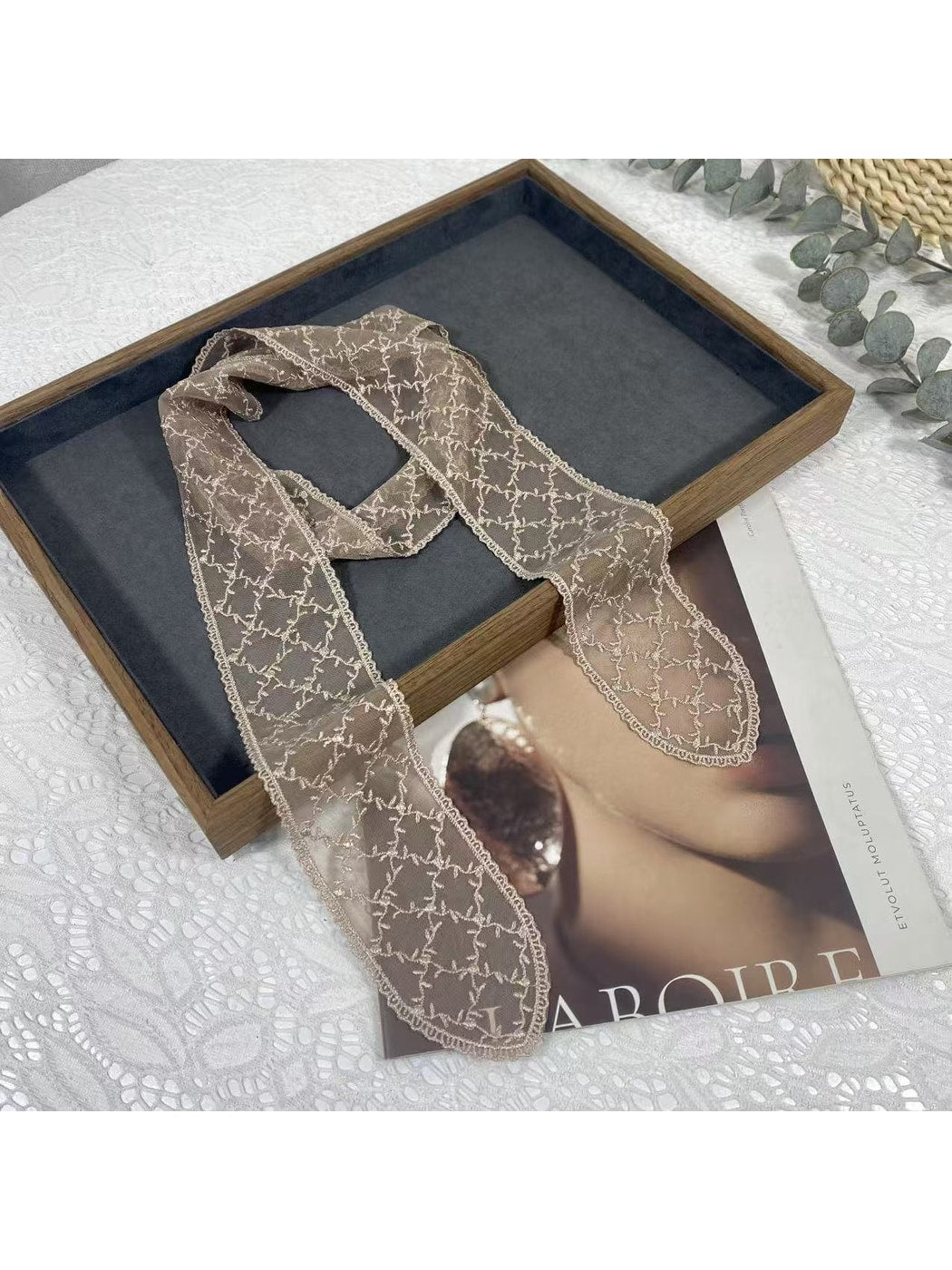 Scarvii - Embroidered Grid Lace Tie Scarf